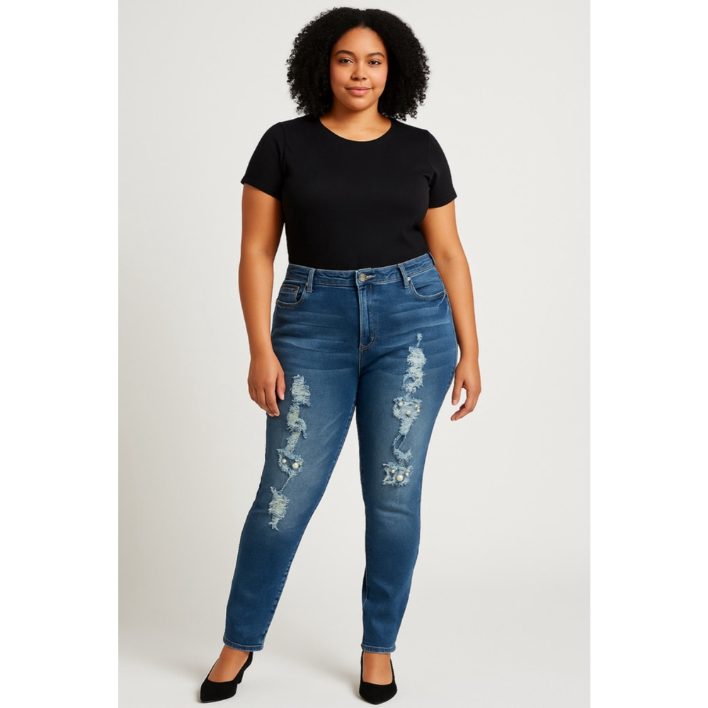 Ashley Stewart Pearl Embellished Distressed Jeans Size 16